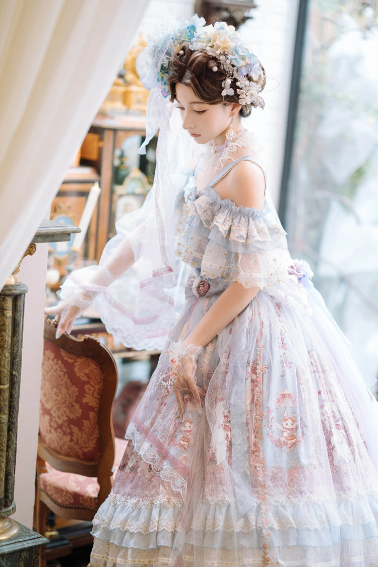 Blue [Moonlight Melody] Off Shoulder Sleeveless Multi-Layered Hanayome Open-Front Bow Lace Sweet Gorgeous Lolita Jsk Dress Set - Product - 9
