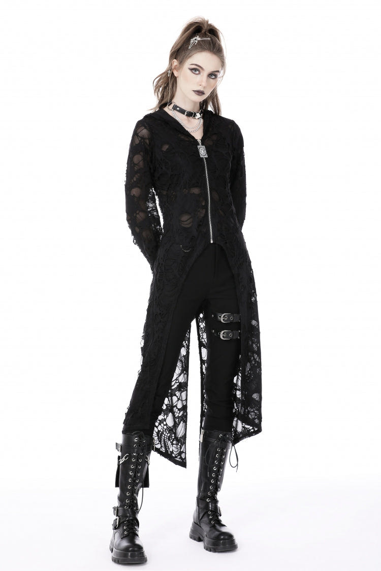 ブラック 長袖 スプリット ダメージ加工 ジッパー付き レディース パンク ロングコート フード付き 商品画像