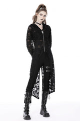 Black Long Sleeves Split Ripped Zippered Women's Punk Long Coat with Hood - Product - 8