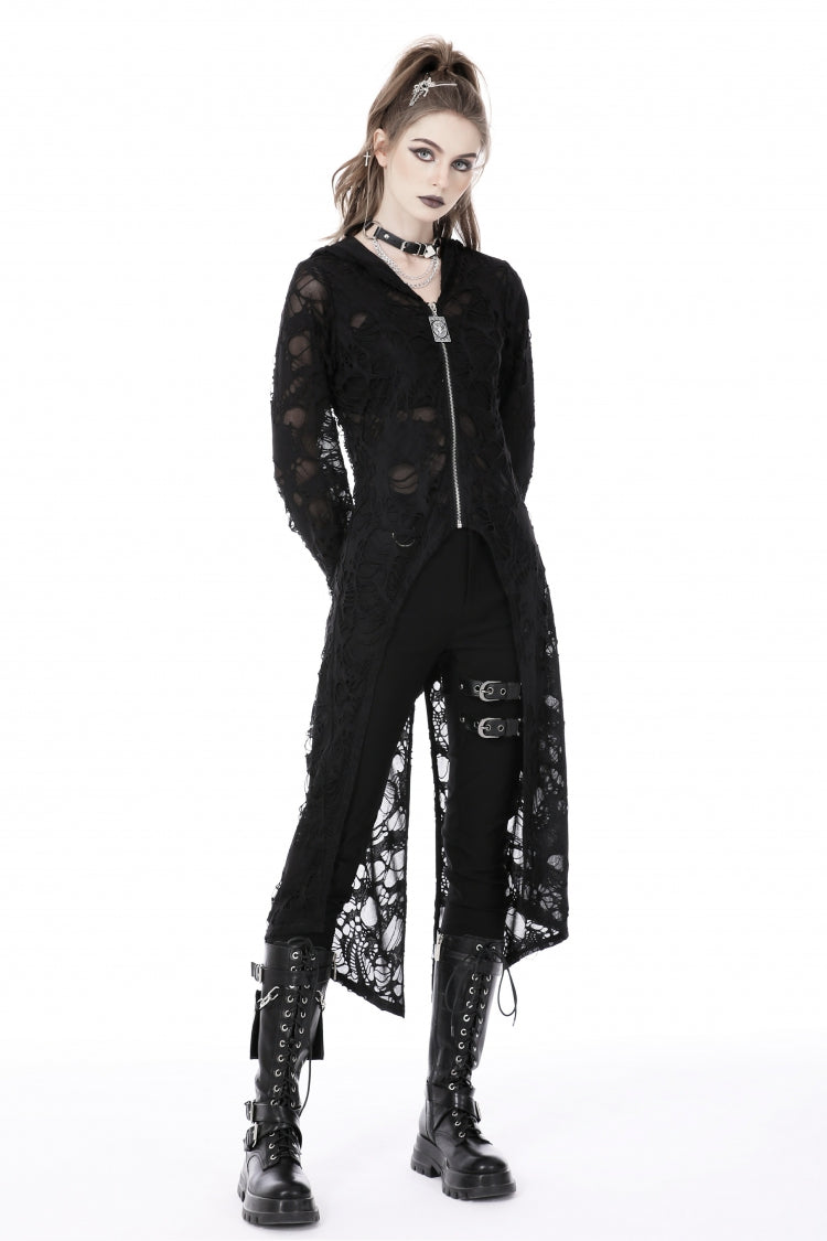 Black Long Sleeves Split Ripped Zippered Women's Punk Long Coat with Hood - Product - 8