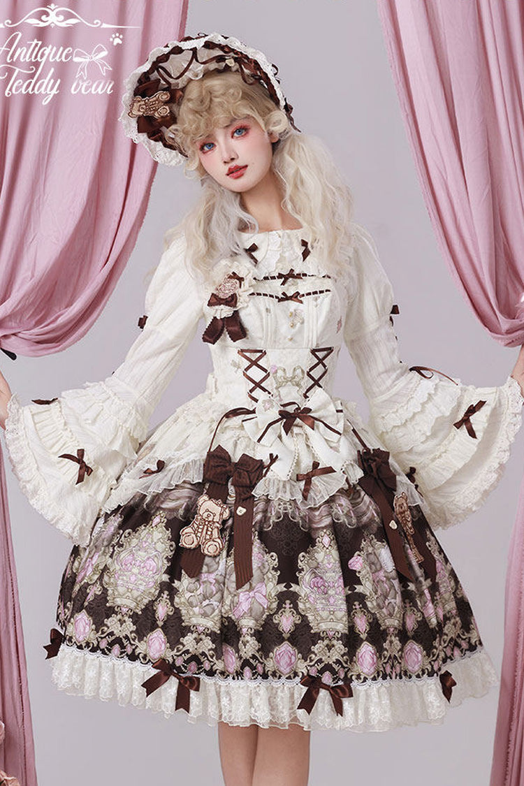 Brown [Antique Teddy Bear] Sleeveless Printed Bow Lace Sweet Elegant Lolita Jsk Dress - Product - 9