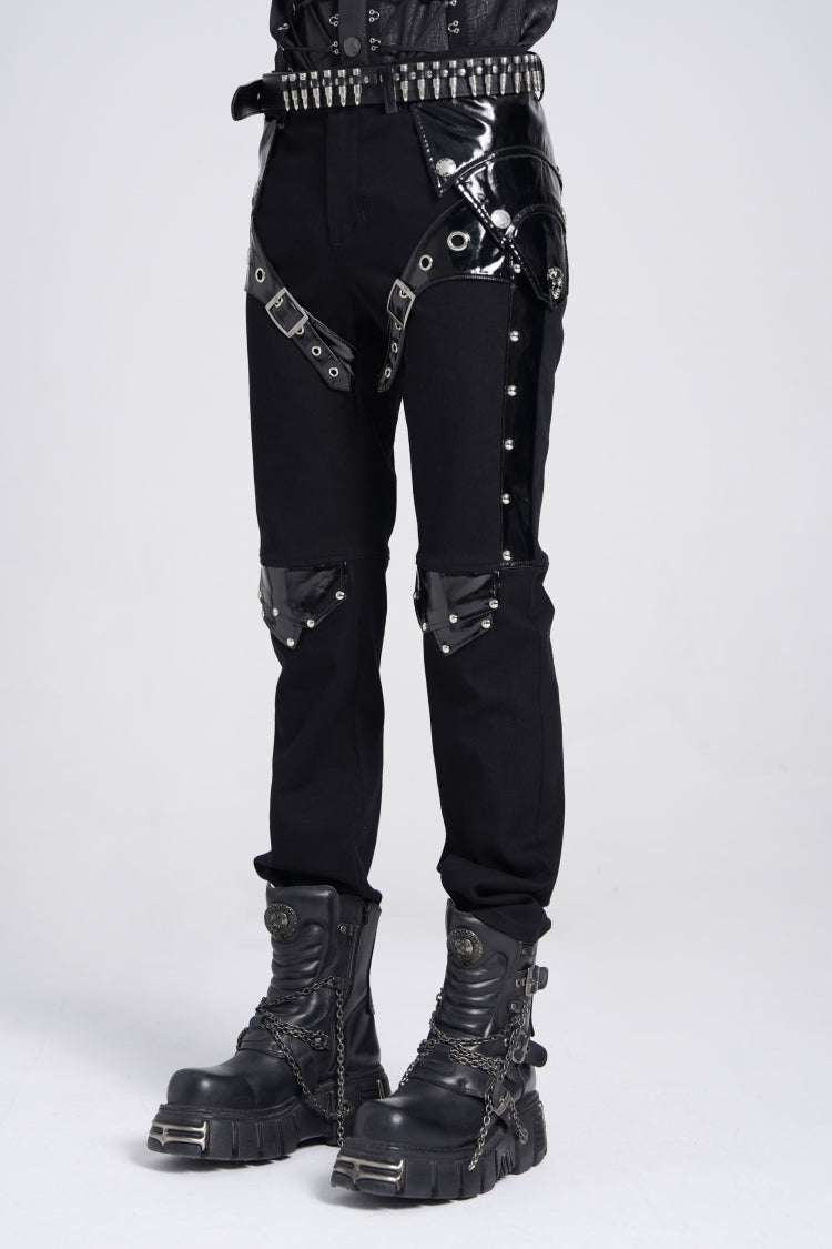 Black Armor Patent Leather Stitching Men's Punk Pants - Product - 2