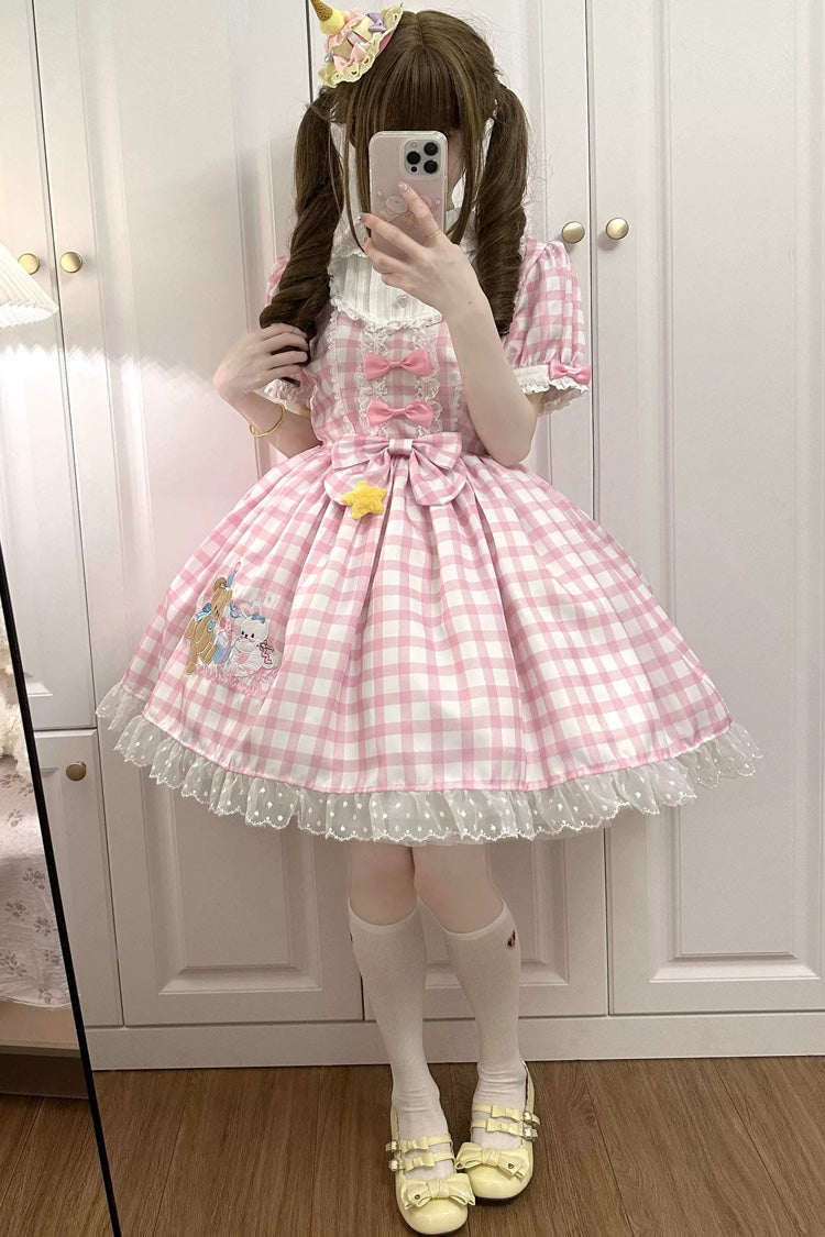 Pink Rabbit & Bear Plaid Print Short Sleeves Ruffle Embroidery Bowknot Lace Sweet Lolita Dress - Product - 4