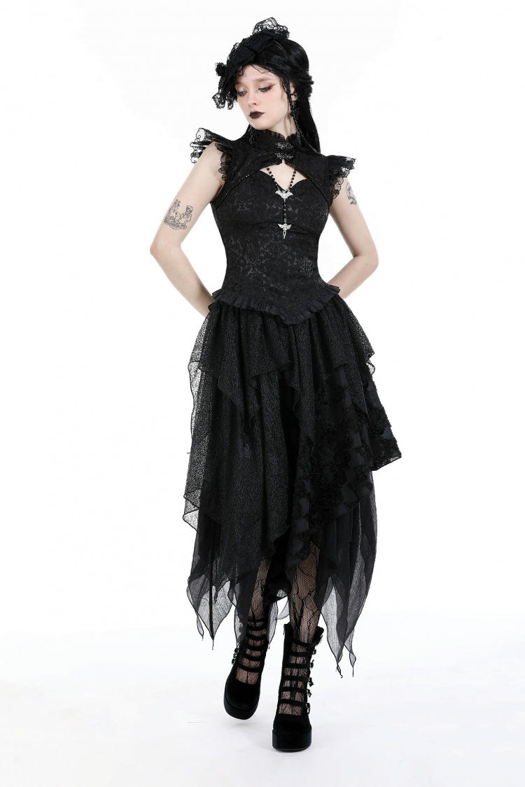 Black Women's Gothic Punk Multi-Layered Irregular Handkerchief Hem Lace Skirt - Product - 6