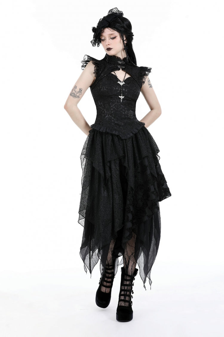 Black Women's Gothic Punk Multi-Layered Irregular Handkerchief Hem Lace Skirt - Product - 6