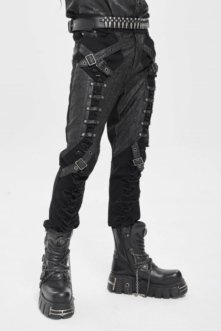 Black Ripped Buckle Straps Men's Punk Pants - Product - 3