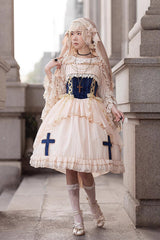 Apricot Eternal Life Song Print Cross Embroidery Sleeveless Ruffle Sweet Lolita Dress - Product - 4