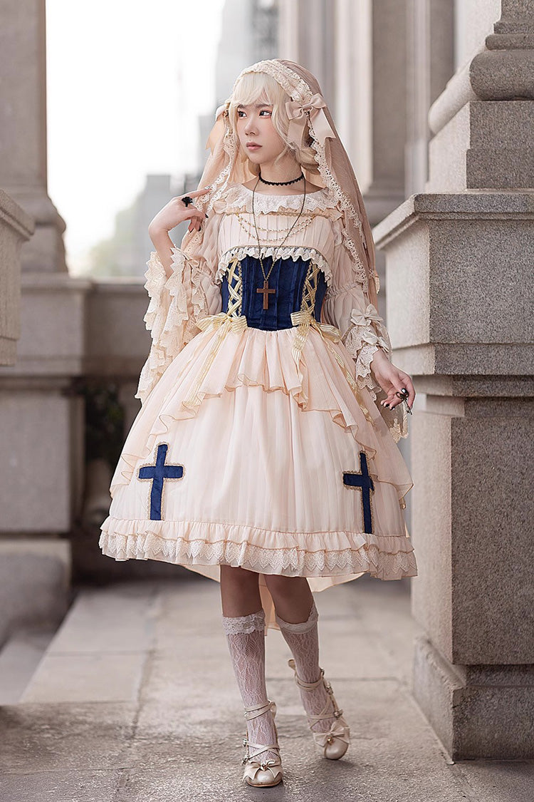 Apricot Eternal Life Song Print Cross Embroidery Sleeveless Ruffle Sweet Lolita Dress - Product - 4