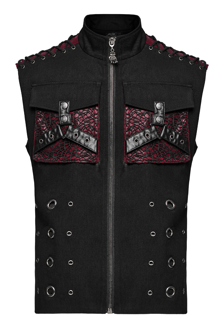 Black/Red Stand Collar Stitching Slim Men's Punk Vest - Product - 5