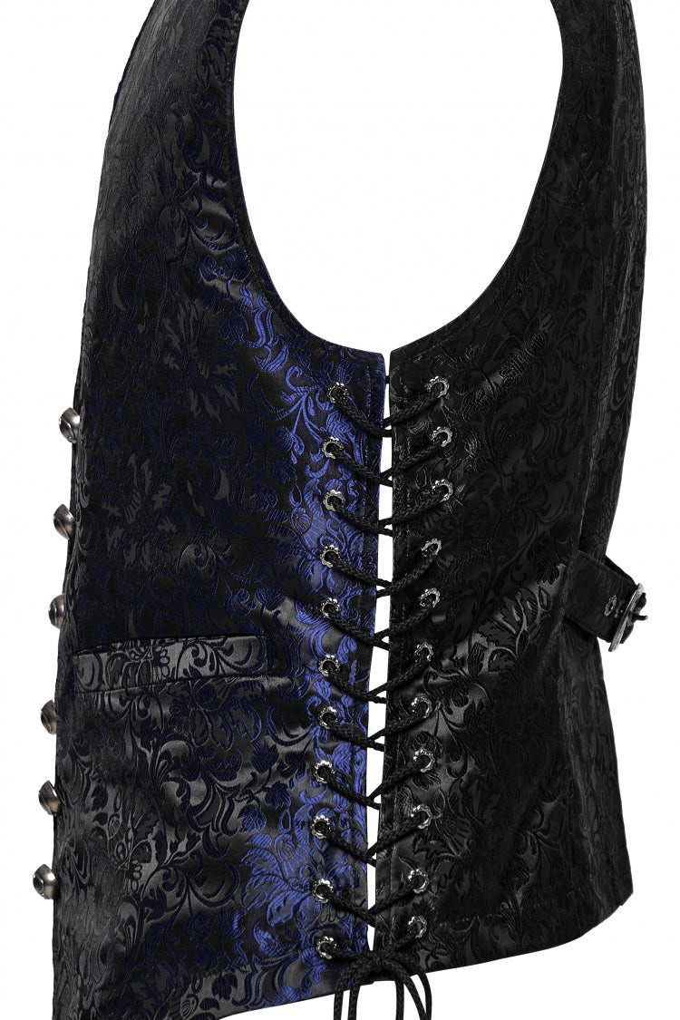 Black/Blue V Collar Jacquard Lace-Up Men's Gothic Vest - Product - 6