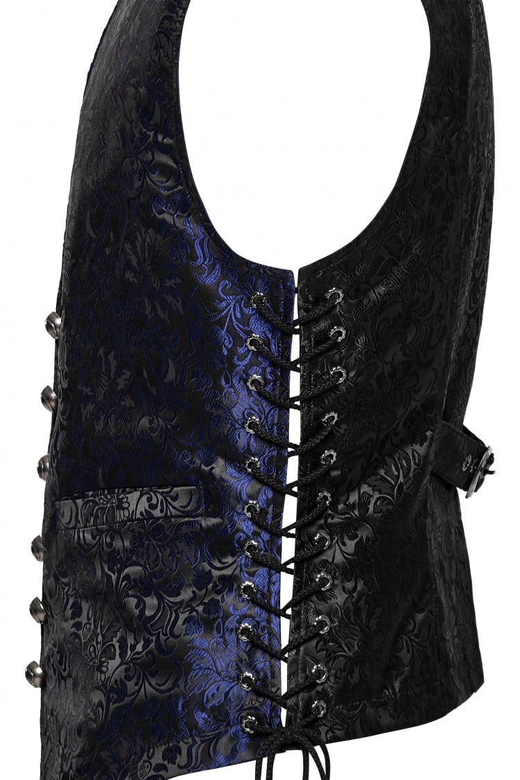 Black/Blue V Collar Jacquard Lace-Up Men's Gothic Vest - Product - 6