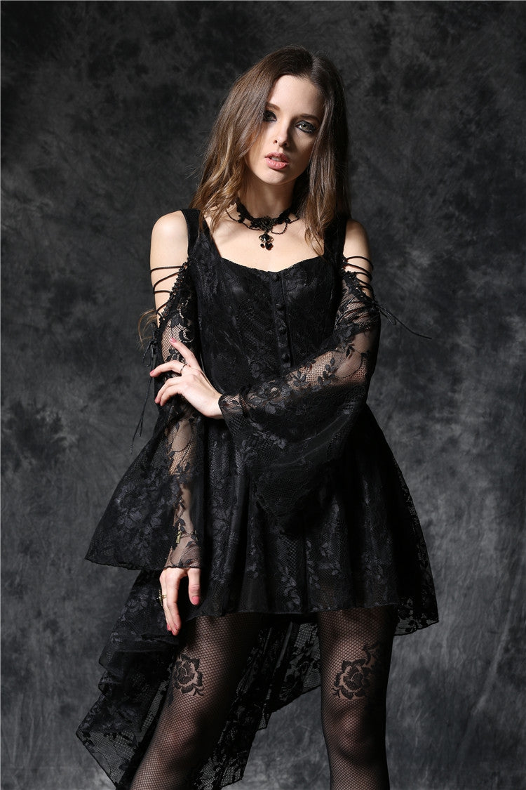 Black Square Collar Long Sleeves Overlay Embroidered Lace Women's Gothic Dress - Product - 5