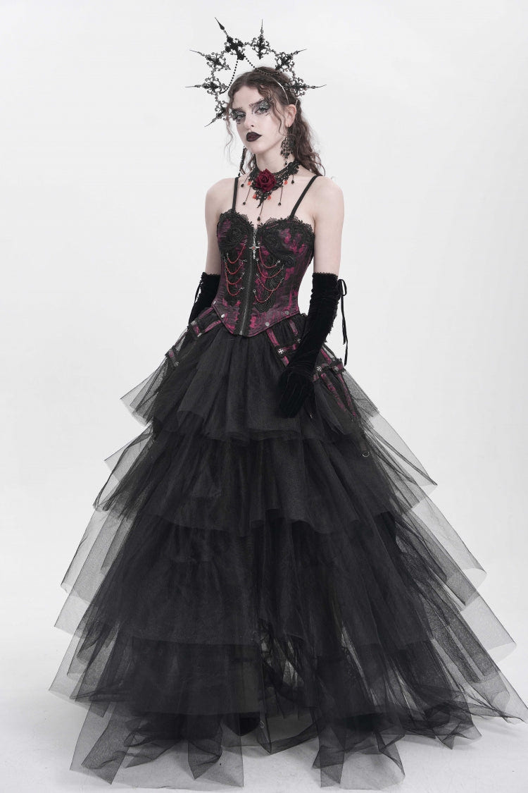 Red Sleeveless Embroidery Lace Chain Women's Gothic Vest - Product - 9