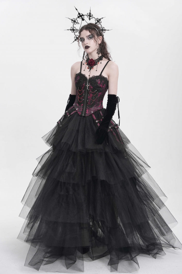 Red Sleeveless Embroidery Lace Chain Women's Gothic Vest - Product - 9