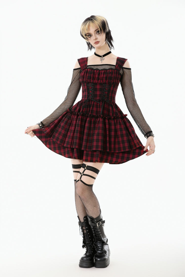 Red/Black Sleeveless Layered Plaid Ruched Women's Cake Dress Graduation Dress - Red/Black - 1
