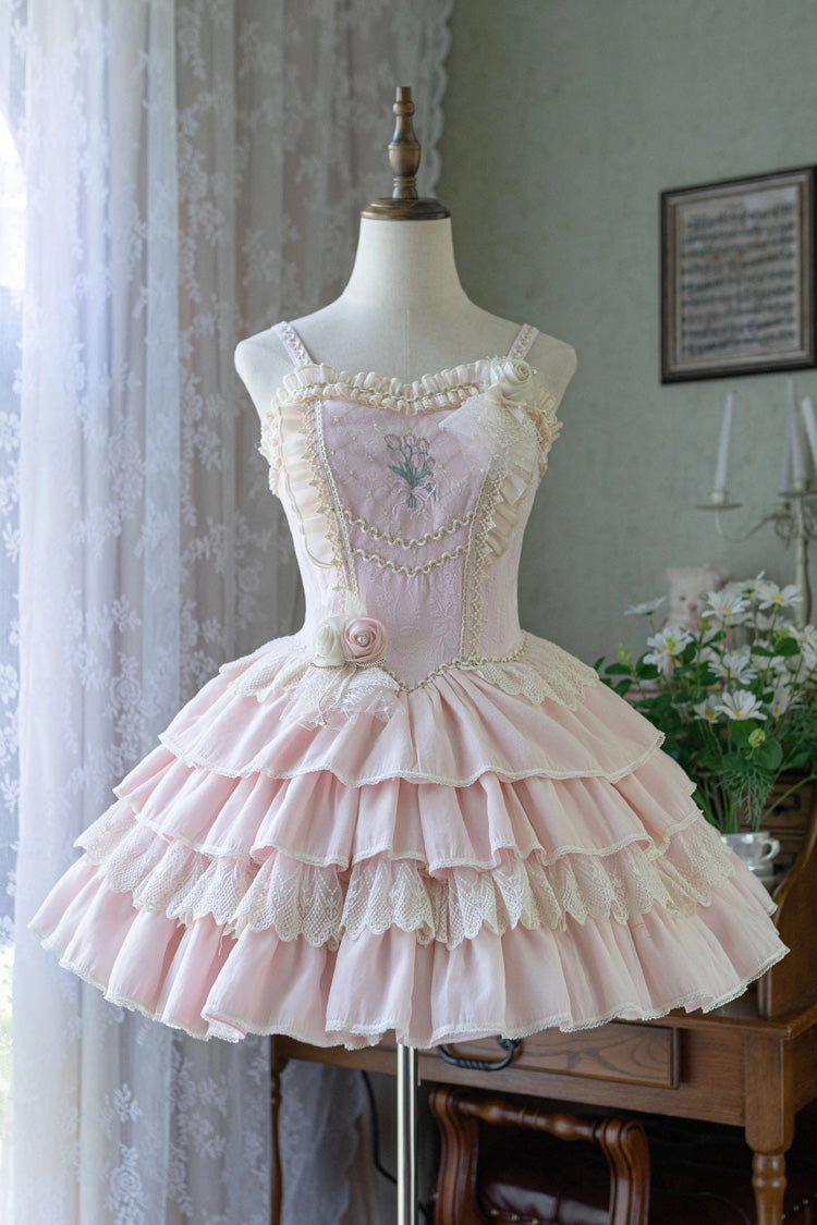 [Good Night, Tulip] Sleeveless Multi-Layered Ruffled Embroidered Lace Sweet Ballet Lolita Jsk Dress 2 Colors - Pink - 5