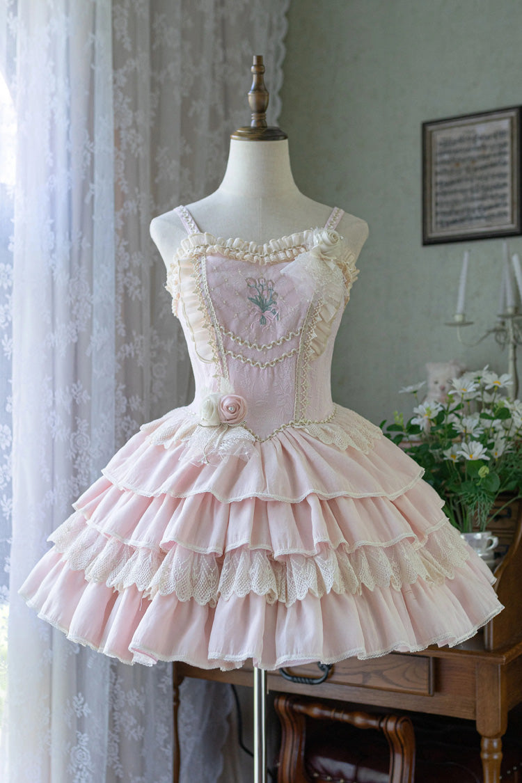 [Good Night, Tulip] Sleeveless Multi-Layered Ruffled Embroidered Lace Sweet Ballet Lolita Jsk Dress 2 Colors - Pink - 5