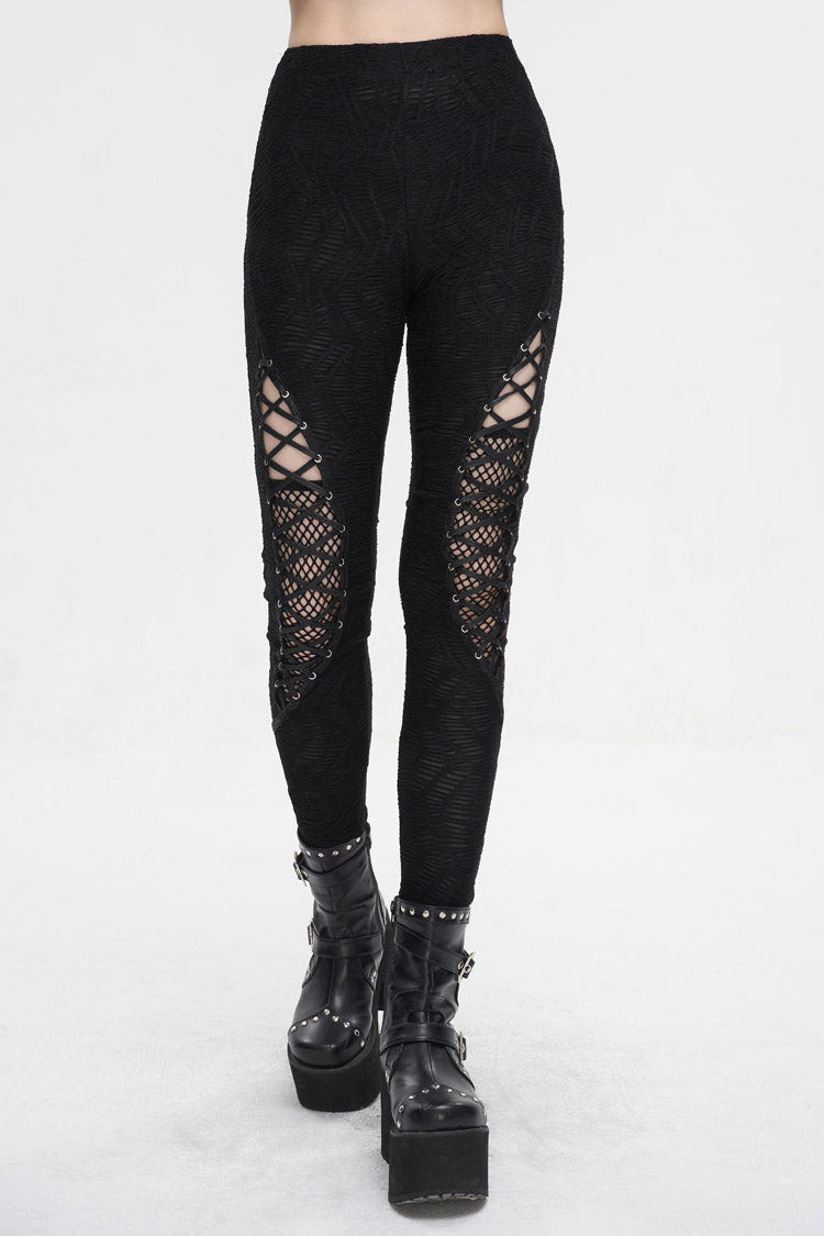 Black Strappy Mesh Splice Ruched Women's Punk Leggings - Product - 2