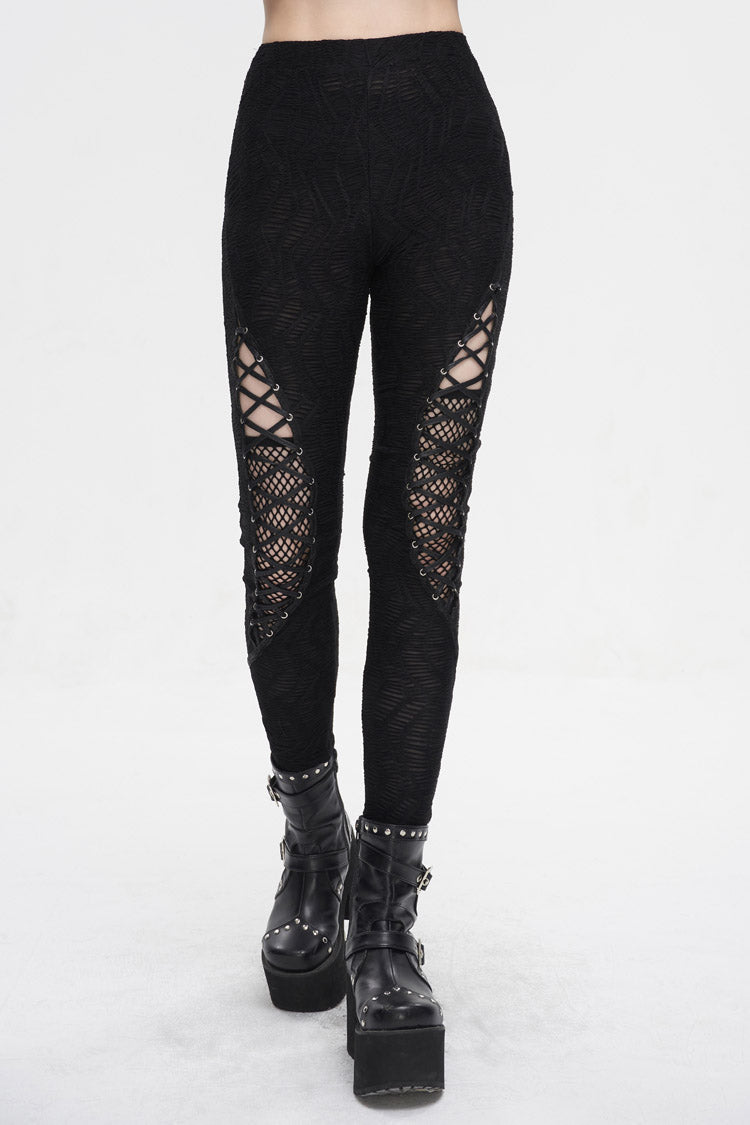 Black Strappy Mesh Splice Ruched Women's Punk Leggings - Product - 2