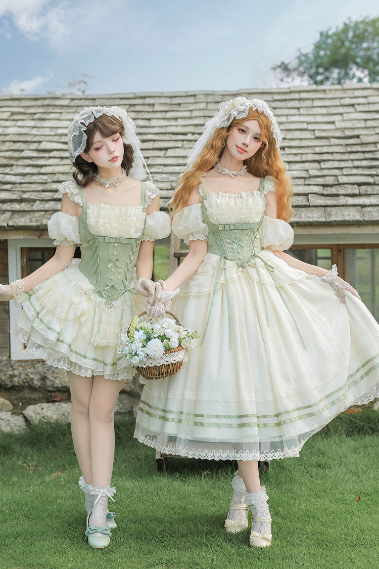 Green Square Collar Sleeveless Multi-Layered Ruffled Bow Lace Fishbone Sweet Lolita Jsk Dress 2 Versions - Product - 3