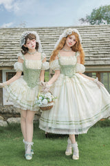 Green Square Collar Sleeveless Multi-Layered Ruffled Bow Lace Fishbone Sweet Lolita Jsk Dress 2 Versions - Product - 3