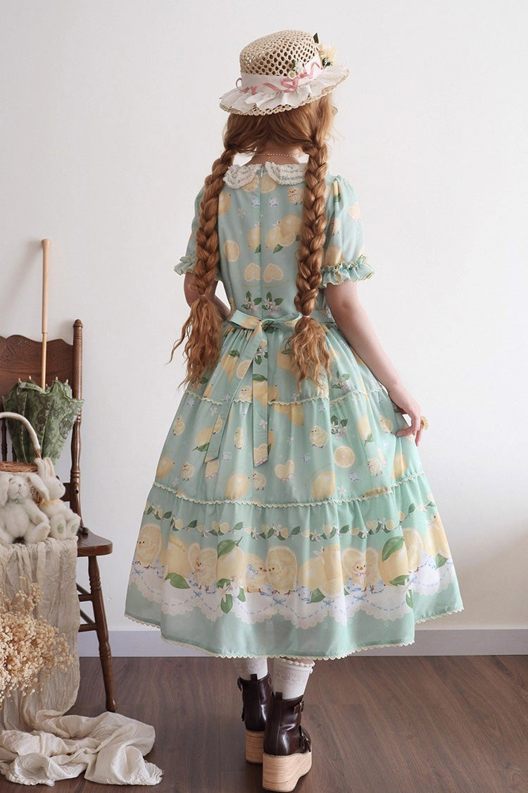 Green [Lemon Chicken] Short Sleeves Print Ruffle Bowknot Lace Daily Sweet Lolita Dress - Product - 4