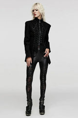 Black Denim Eyelet Rope Stand Collar Zipper Slim Irregular Womens Steampunk Coat - Product - 4