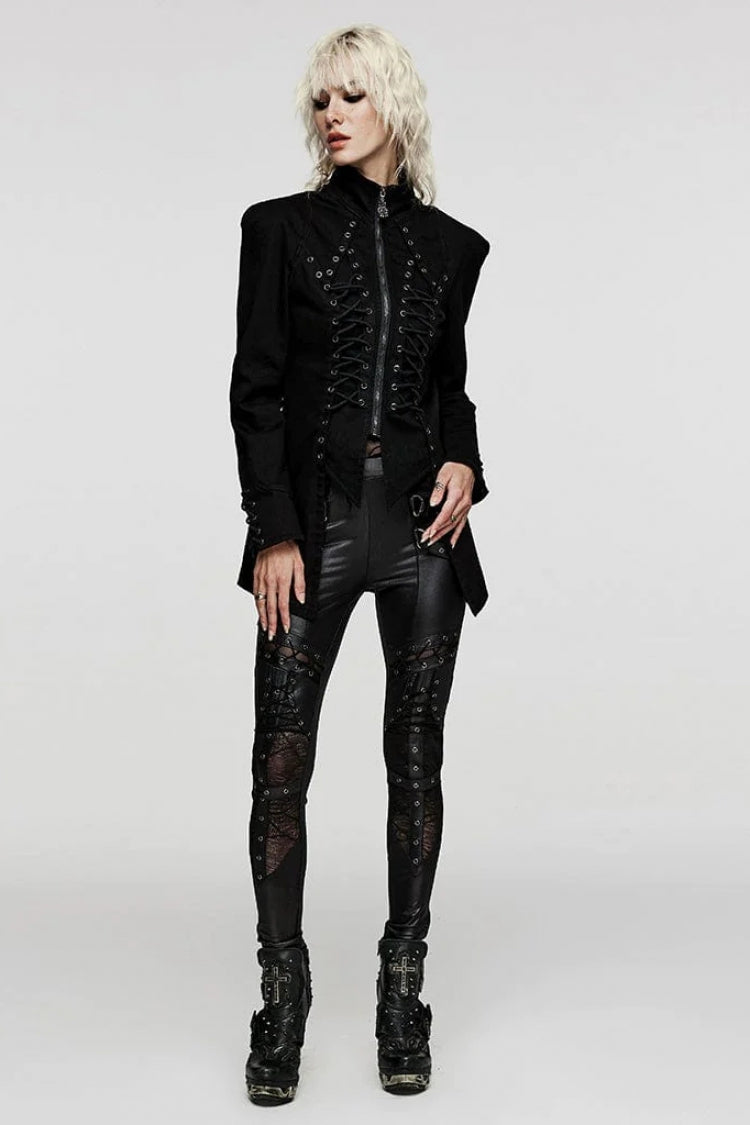 Black Denim Eyelet Rope Stand Collar Zipper Slim Irregular Womens Steampunk Coat - Product - 4