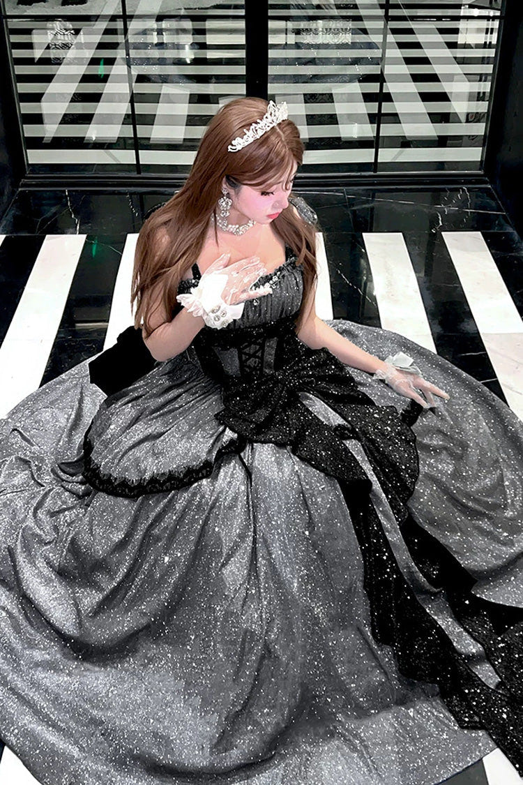 Grey [Galaxy of Fallen Tears] Sleeveless Glitter Series Ruffled Bow Asymmetric Sweet Lolita Jsk Dress - Product - 8