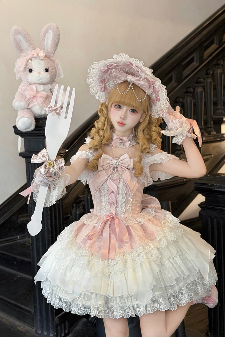 Pink [Pearl Ballet] Square Collar Sleeveless Multi-Layered Ruffled Bow Lace-Up Pearl-Decorated Sweet Ballet Lolita Jsk Dress - Product - 5