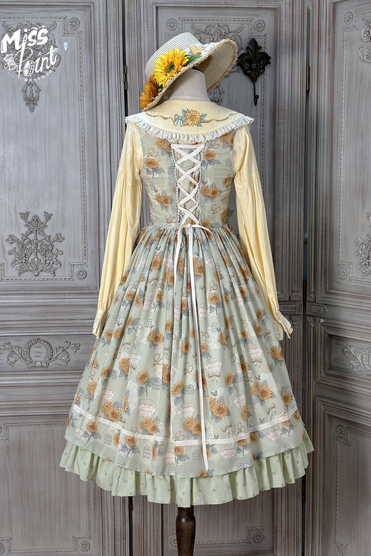 Green [Gardening Sunflower] Sleeveless Print Ruffle Bowknot Sweet Elegant Uplift Lolita Jsk Dress - Product - 10