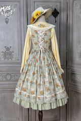 Green [Gardening Sunflower] Sleeveless Print Ruffle Bowknot Sweet Elegant Uplift Lolita Jsk Dress - Product - 10