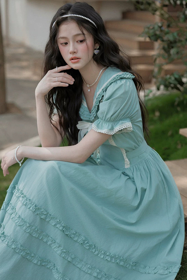 Lake Blue V Collar Short Puff Sleeves Ruffled Lace Sweet College Style Lolita Dress - Product - 11