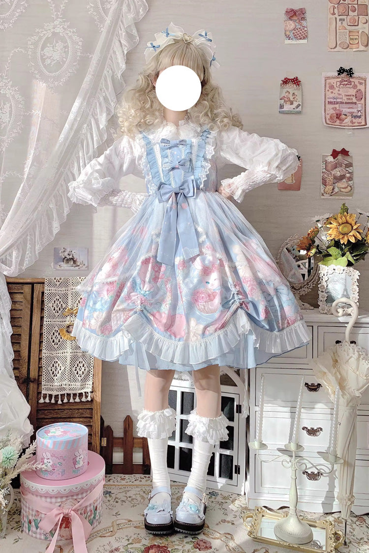 Blue Sleeveless High Waisted Rabbit Print Ruffle Bowknot Sweet Lolita Jsk Dress - Product - 5