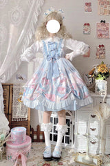 Blue Sleeveless High Waisted Rabbit Print Ruffle Bowknot Sweet Lolita Jsk Dress - Product - 5