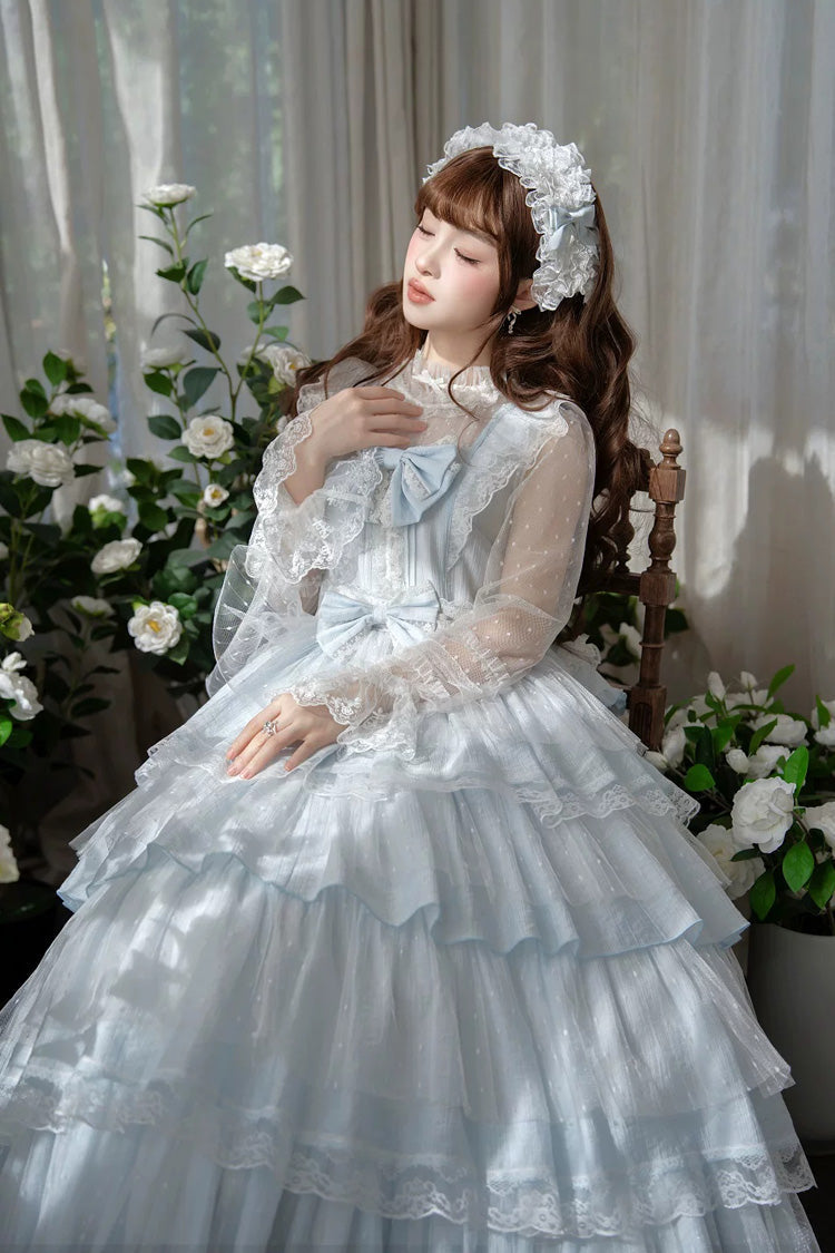 Blue [Aegean] Square Collar Flutter Sleeves Multi-Layered Ruffled Bow Sweet Lolita Jsk Dress Set - Product - 3