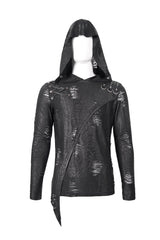 Black Broken Holes Knit Shoulder Lace-Up Irregular Hem Hooded Men's Punk T-Shirt - Product - 7