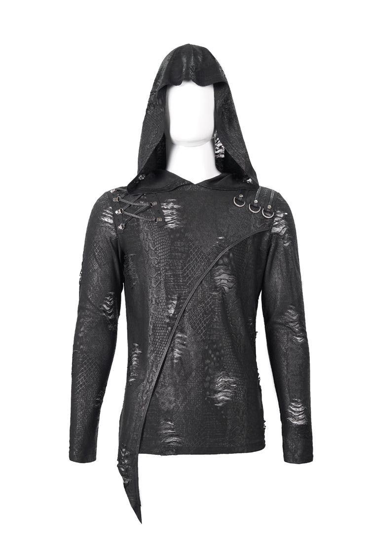 Black Broken Holes Knit Shoulder Lace-Up Irregular Hem Hooded Men's Punk T-Shirt - Product - 7