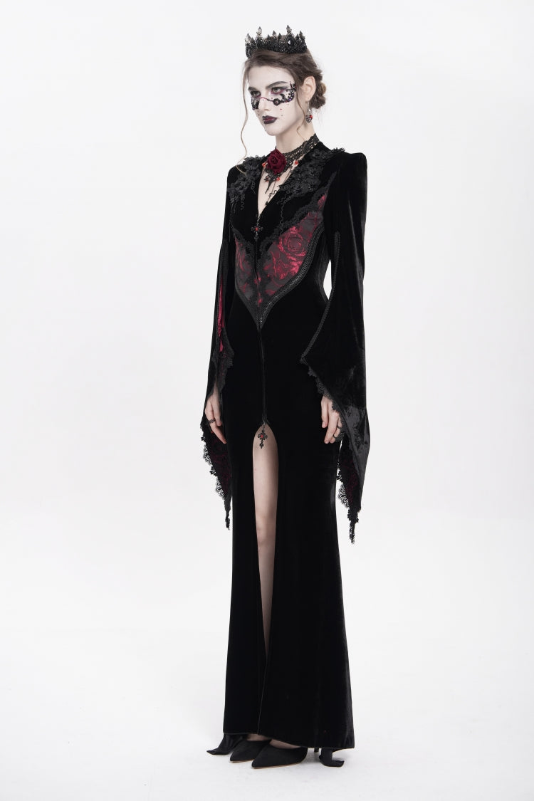 Black/Red V Collar Long Trumpet Sleeves Floral Embroidered Velvet Women's Gothic Dress - Product - 6