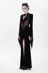 Black/Red V Collar Long Trumpet Sleeves Floral Embroidered Velvet Women's Gothic Dress - Product - 6