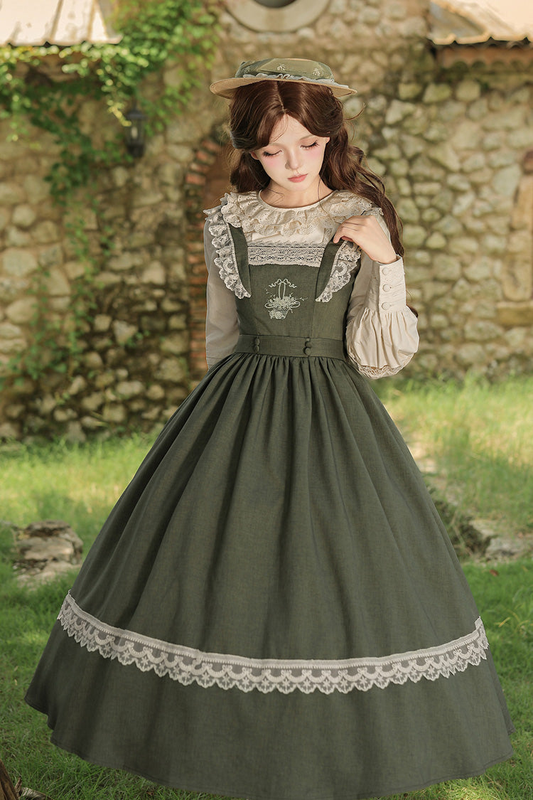 [The Oak Tree in the Wind] Square Collar Sleeveless Jacquard Embroidered Lace Classic Elegant Lolita Jsk Dress 2 Colors (Black, Green) - Product - 14