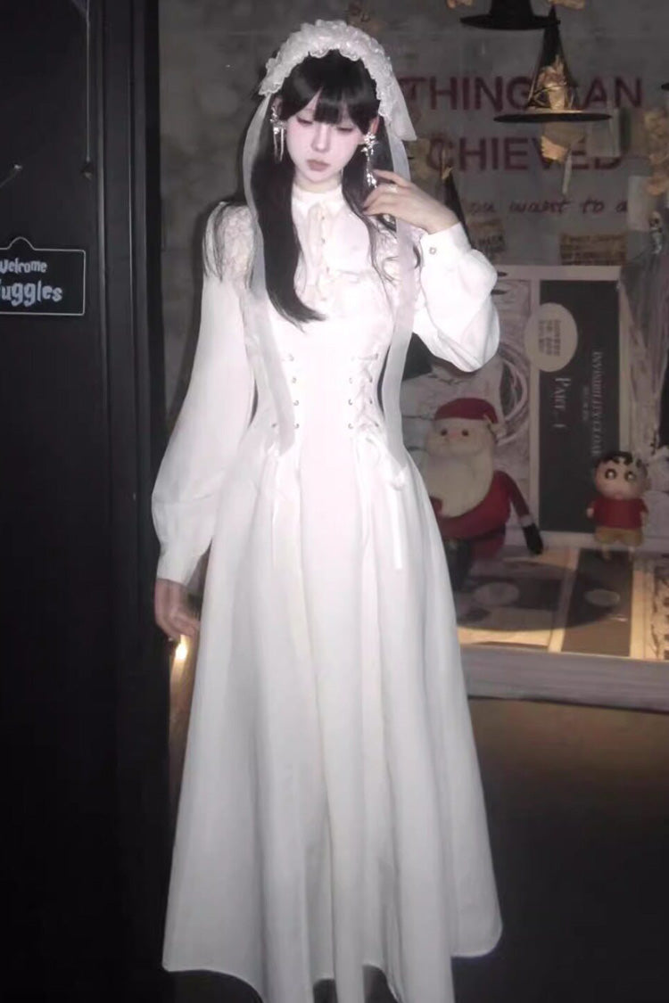 Apricot Stand Collar Long Sleeves Ruffled Lace-Up Mid-length Gothic Lolita Dress - Product - 6