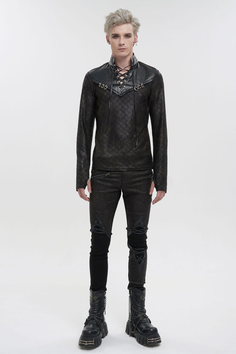 Black Stand Collar Long Sleeves Faux Leather Splice Men's Gothic Shirt - Product - 2