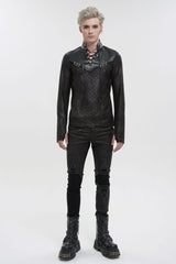 Black Stand Collar Long Sleeves Faux Leather Splice Men's Gothic Shirt - Product - 2