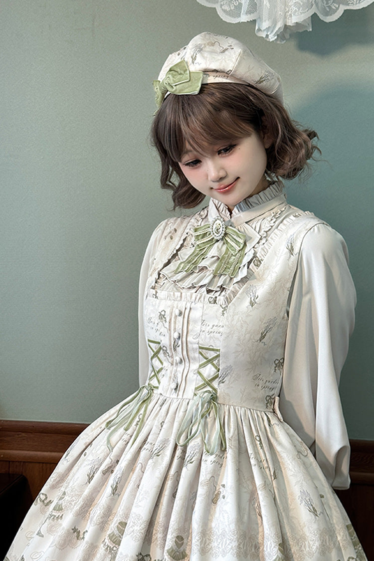 [Iris Study] Square Collar Print Bowknot Lace-Up Sweet Lolita Jumper Dress 2 Colors - Product - 15