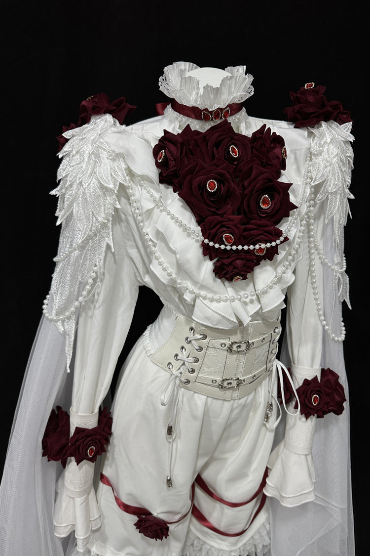 White [Ailing Stars] Stand Collar Long Sleeves Ruffled Pearl Detail Classic Ouji Lolita Set - Product - 6