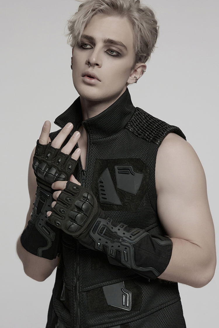 Black Men's Punk Cool Rubber Patched Half-finger Gloves - Product - 4