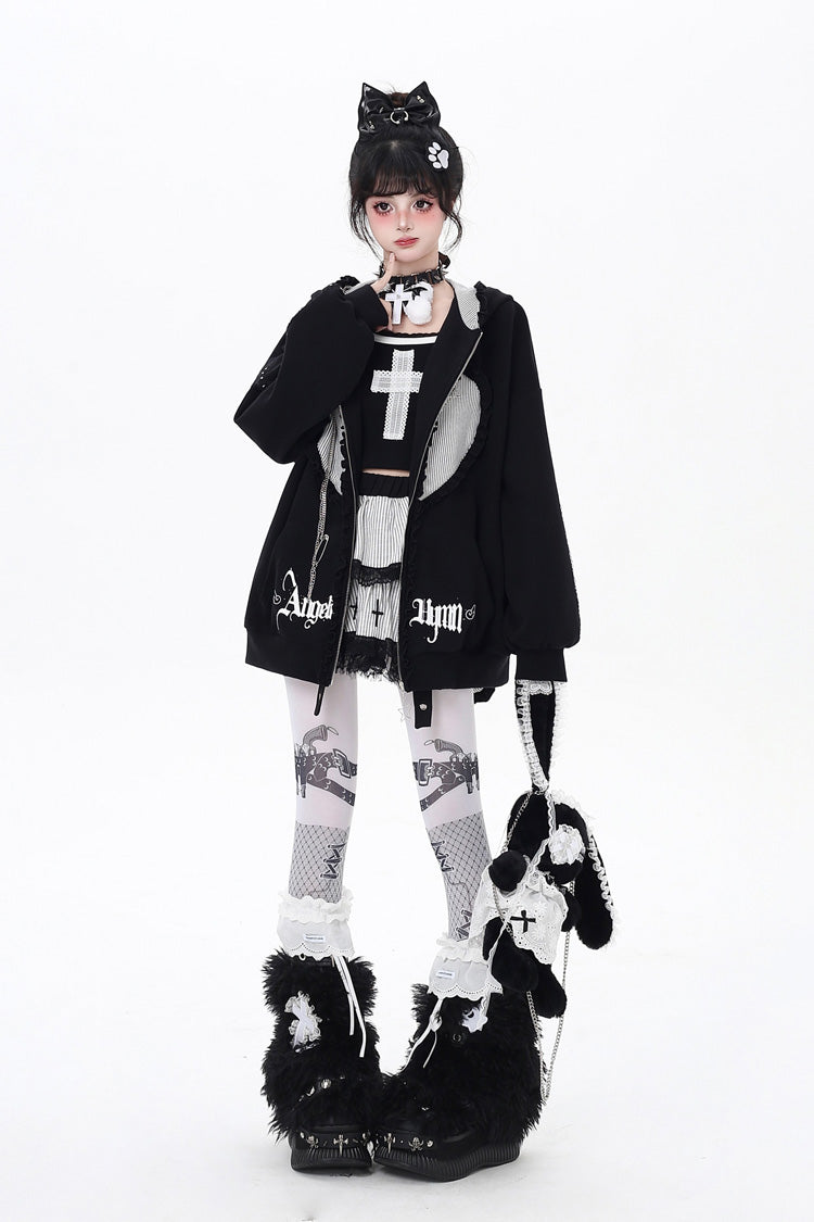 [Striped Bunny Ears] Long Sleeves Heart Print Embroidery Hooded Zipper Sweet Jirai Kei Cool Lolita Coat 2 Colors - Product - 6