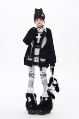 [Striped Bunny Ears] Long Sleeves Heart Print Embroidery Hooded Zipper Sweet Jirai Kei Cool Lolita Coat 2 Colors - Product - 6