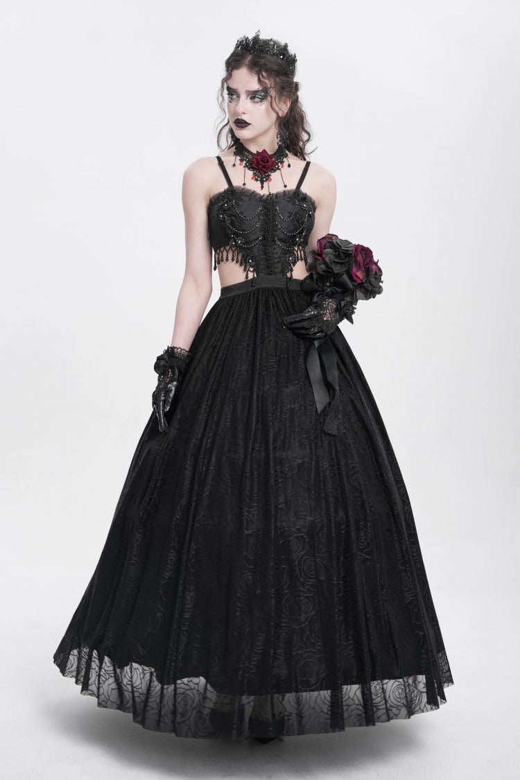 Black Jacquard Floral Embroidery Lace Ripped Women's Gothic Party Slip Dress - Product - 8